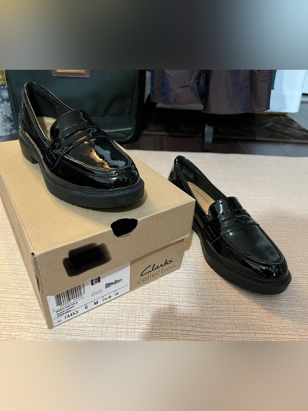 Clarks Women's Black Patent Leather Penny Loafers with Chunky Sole